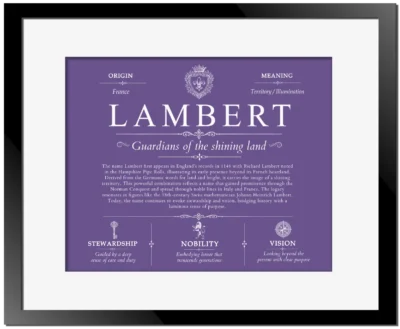 Lambert family name meaning and history in Purple with Black Matte Frame