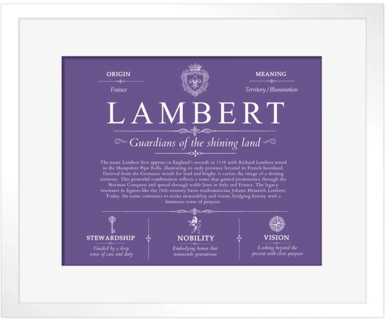 Lambert family name meaning and history in Purple with White Matte Frame