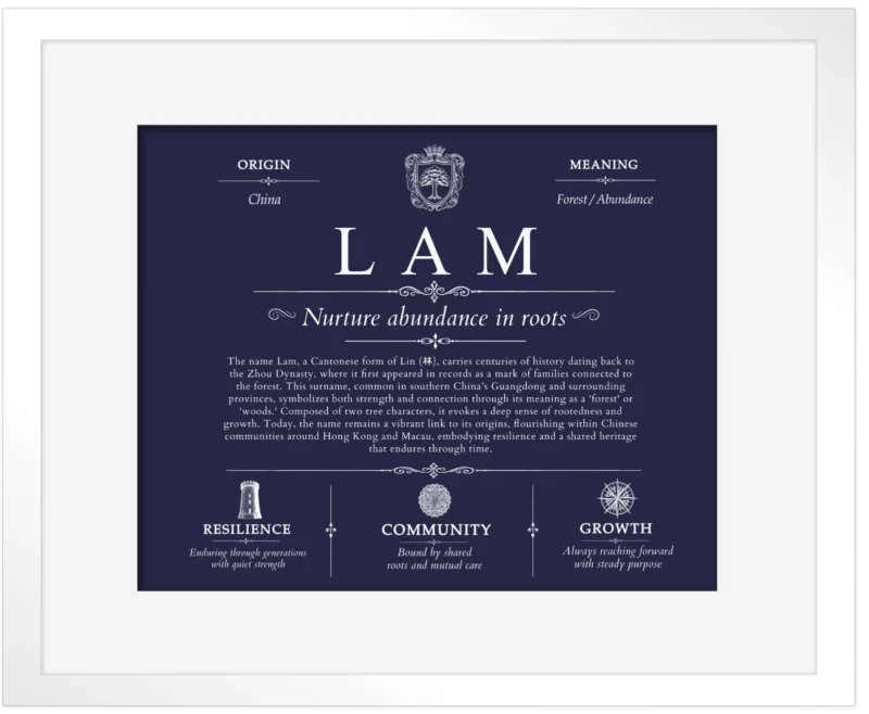 Lam surname meaning and heritage in Navy Blue with White Matte Frame