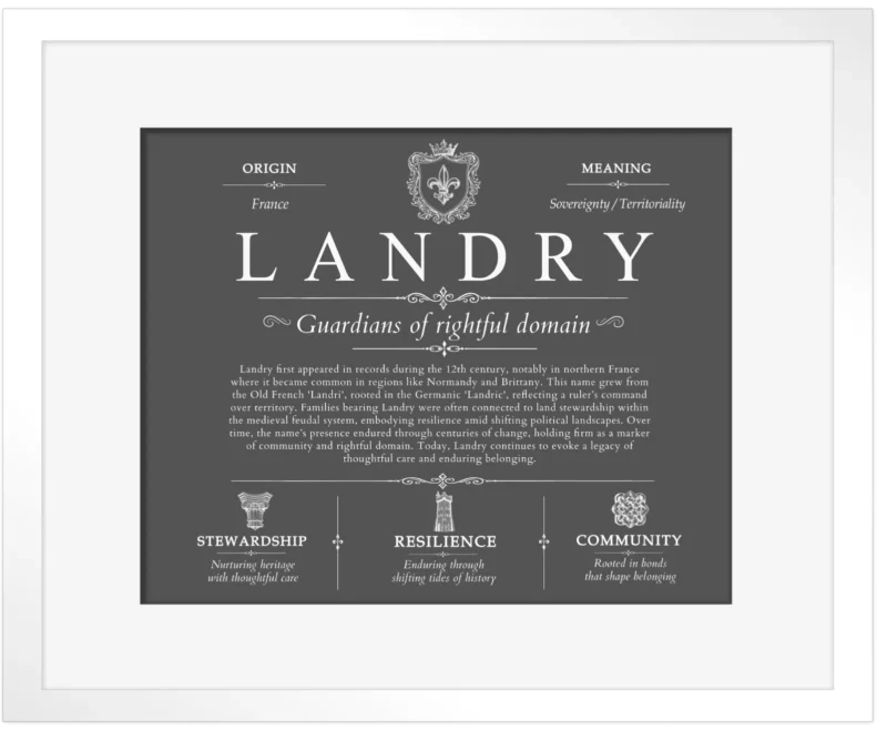 Landry last name history and origin in Gray with White Matte Frame