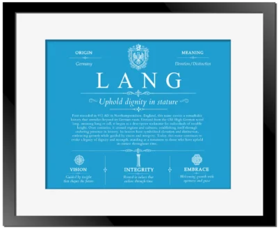 Lang surname heritage and history in Blue with Black Matte Frame