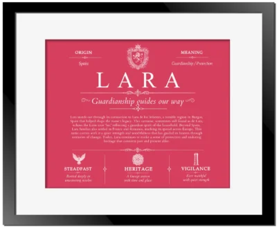 Lara family name history in Red with Black Matte Frame