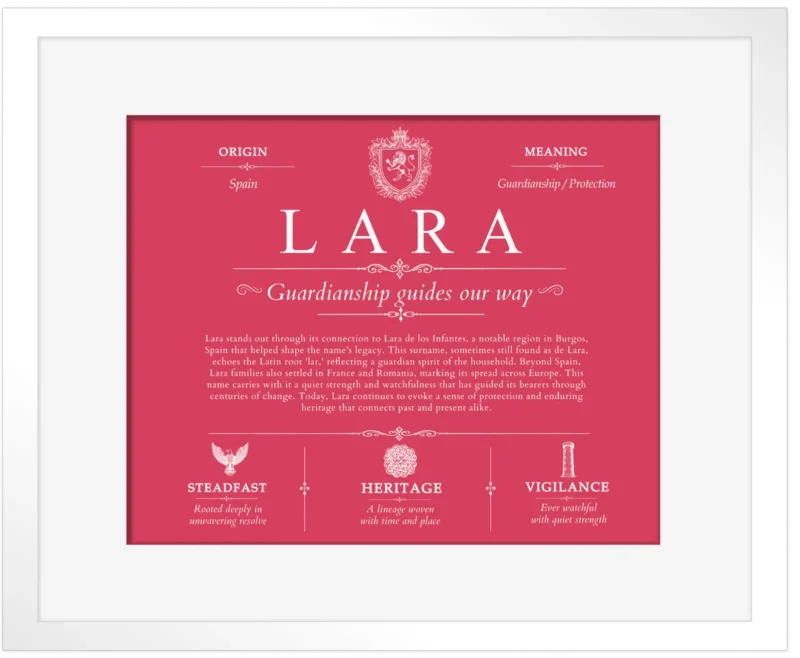 Lara family name history in Red with White Matte Frame