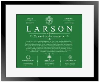 Larson personalized family surname in Dark Green with Black Matte Frame
