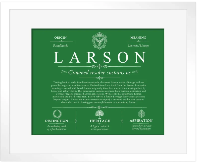 Larson personalized family surname in Dark Green with White Matte Frame