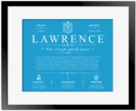 Lawrence family name origin and history in Blue with Black Matte Frame