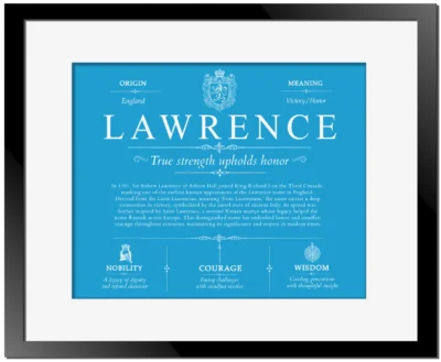 Lawrence family name origin and history in Blue with Black Matte Frame