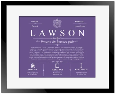 Lawson personalized surname meaning in Purple with Black Matte Frame