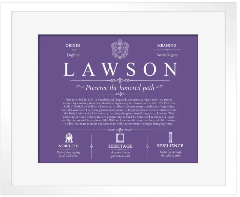 Lawson personalized surname meaning in Purple with White Matte Frame