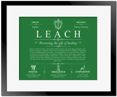 Leach family name origin and history in Dark Green with Black Matte Frame