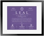 Leal family name heritage in Purple with Black Matte Frame