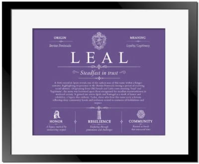 Leal family name heritage in Purple with Black Matte Frame