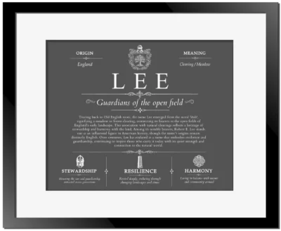 Lee personalized last name meaning in Gray with Black Matte Frame