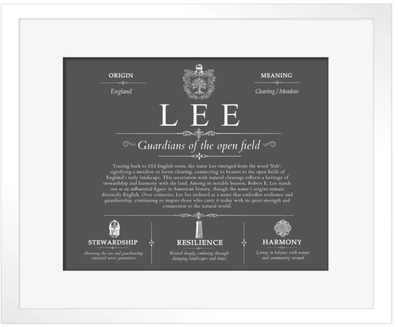 Lee personalized last name meaning in Gray with White Matte Frame