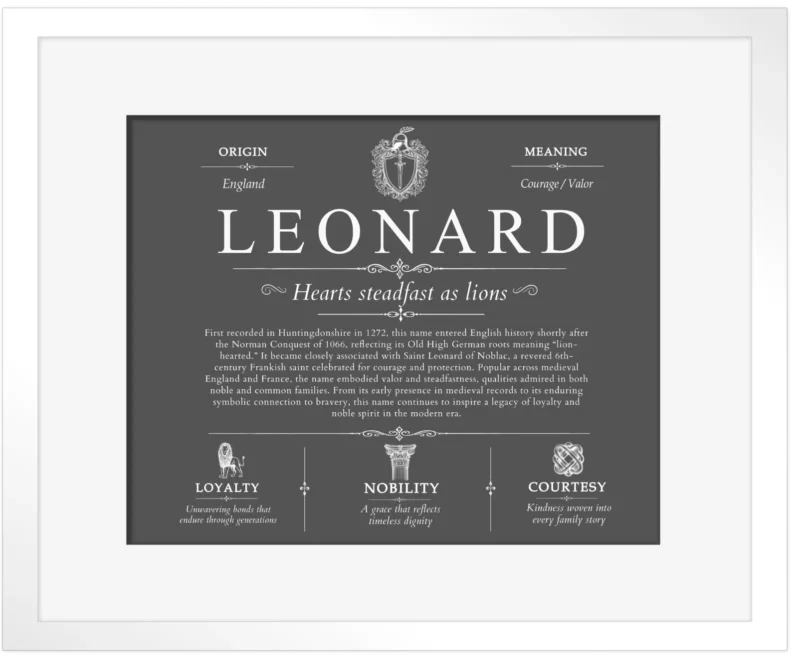 Leonard personalized last name meaning in Gray with White Matte Frame