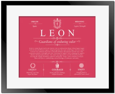 Leon family name meaning and history in Red with Black Matte Frame