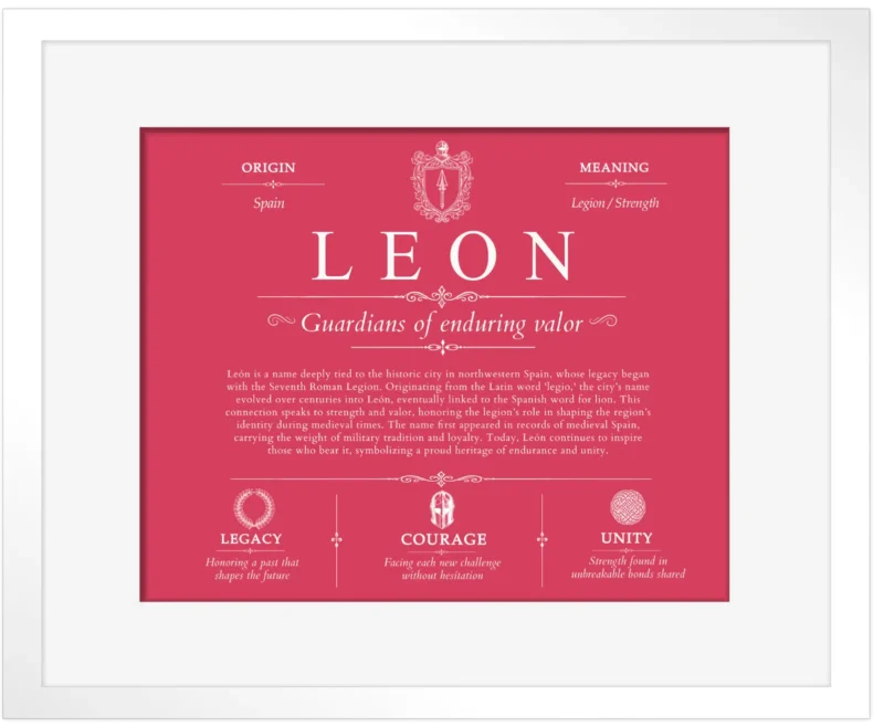 Leon family name meaning and history in Red with White Matte Frame