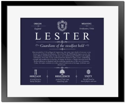 Lester surname meaning origin and heritage in Navy Blue with Black Matte Frame
