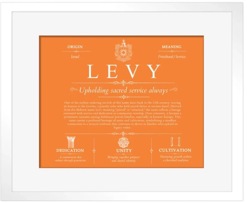 Levy personalized surname meaning in Orange with White Matte Frame