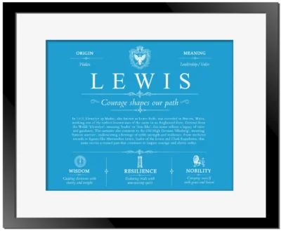 Lewis surname origin and history in Blue with Black Matte Frame
