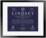 Lindsey last name origin and heritage in Navy Blue with Black Matte Frame