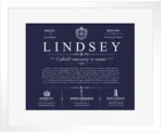 Lindsey last name origin and heritage in Navy Blue with White Matte Frame