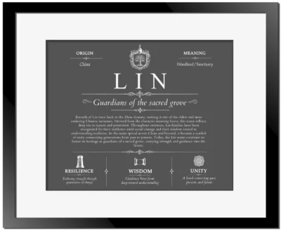 Lin surname meaning and origin in Gray with Black Matte Frame