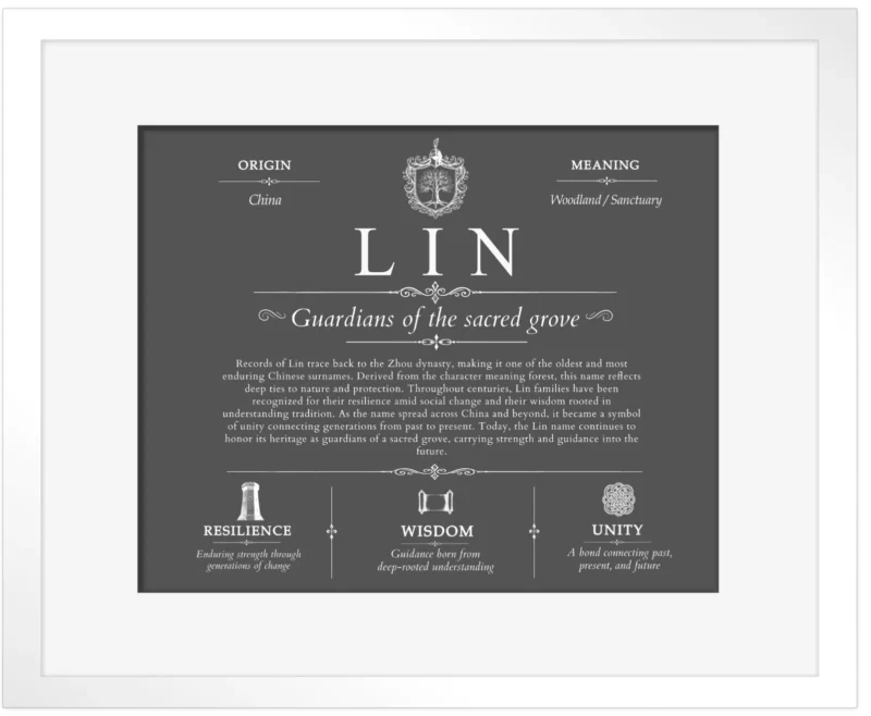 Lin surname meaning and origin in Gray with White Matte Frame