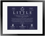 Little family name origin and history in Navy Blue with Black Matte Frame