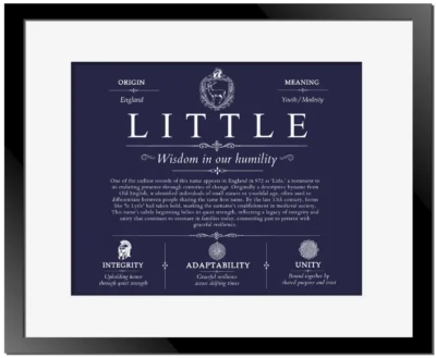 Little family name origin and history in Navy Blue with Black Matte Frame