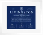 Livingston family name meaning and history in Deep Blue with White Matte Frame