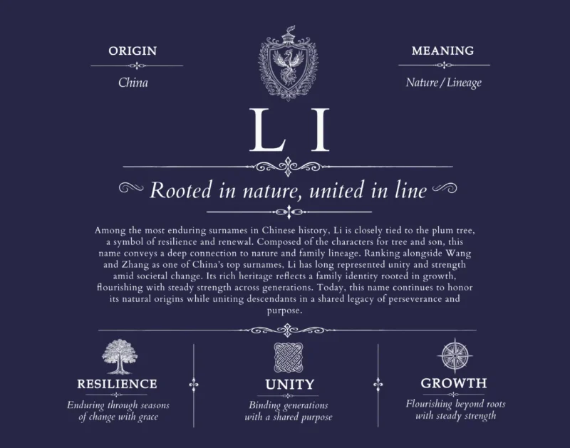 Li surname origin and history in Navy Blue