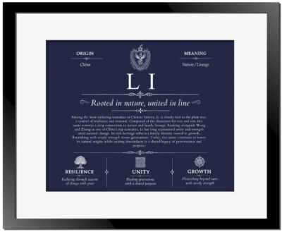 Li surname origin and history in Navy Blue with Black Matte Frame