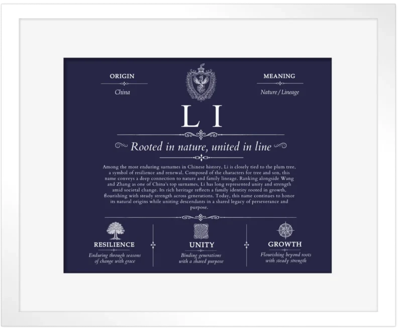 Li surname origin and history in Navy Blue with White Matte Frame