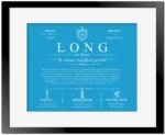 Long surname history and family heritage in Blue with Black Matte Frame