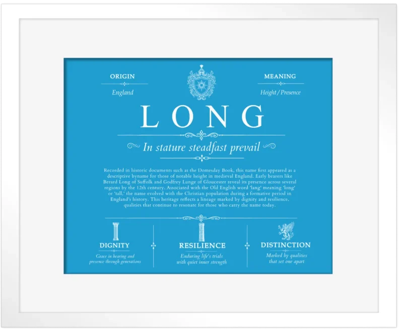Long surname history and family heritage in Blue with White Matte Frame
