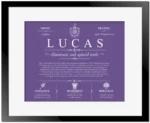 Lucas surname meaning and origin in Purple with Black Matte Frame