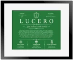 Lucero family name history in Dark Green with Black Matte Frame