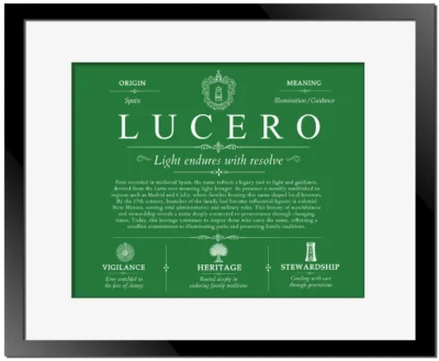 Lucero family name history in Dark Green with Black Matte Frame