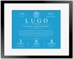 Lugo family name meaning and history in Blue with Black Matte Frame