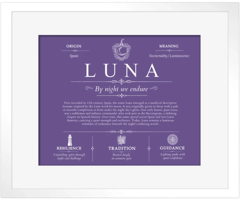 Luna surname history and family heritage in Purple with White Matte Frame