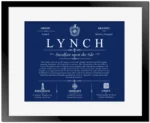 Lynch surname history and family heritage in Deep Blue with Black Matte Frame
