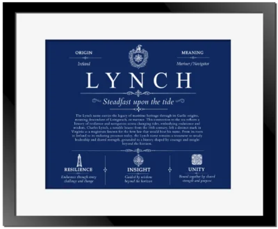 Lynch surname history and family heritage in Deep Blue with Black Matte Frame