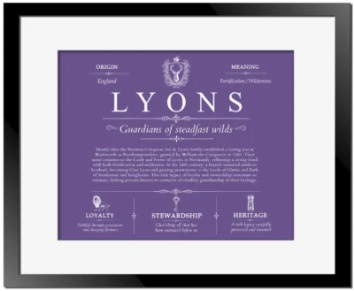 Lyons surname origin and history in Purple with Black Matte Frame