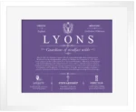 Lyons surname origin and history in Purple with White Matte Frame