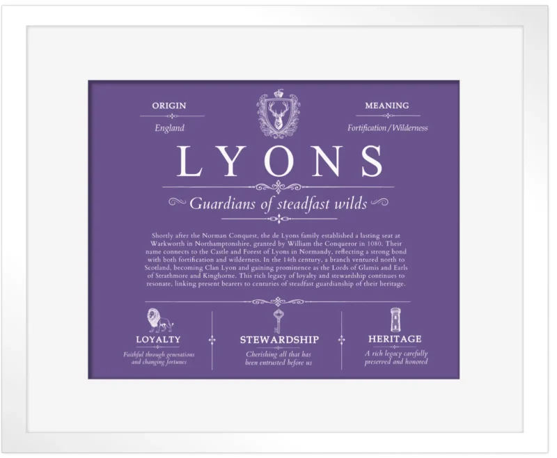 Lyons surname origin and history in Purple with White Matte Frame