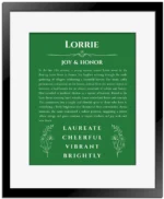 Lorrie personalized name meaning print in dark green with black matte frame