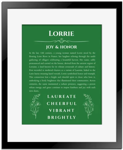 Lorrie personalized name meaning print in dark green with black matte frame