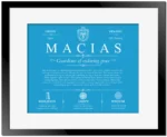 Macias surname history and family heritage in Blue with Black Matte Frame