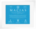 Macias surname history and family heritage in Blue with White Matte Frame Macias surname history and family heritage in Blue with White Matte Frame
